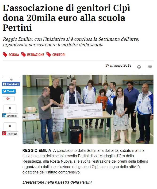 L’associazione di genitori Cipì dona 20mila euro alla scuola Pertini